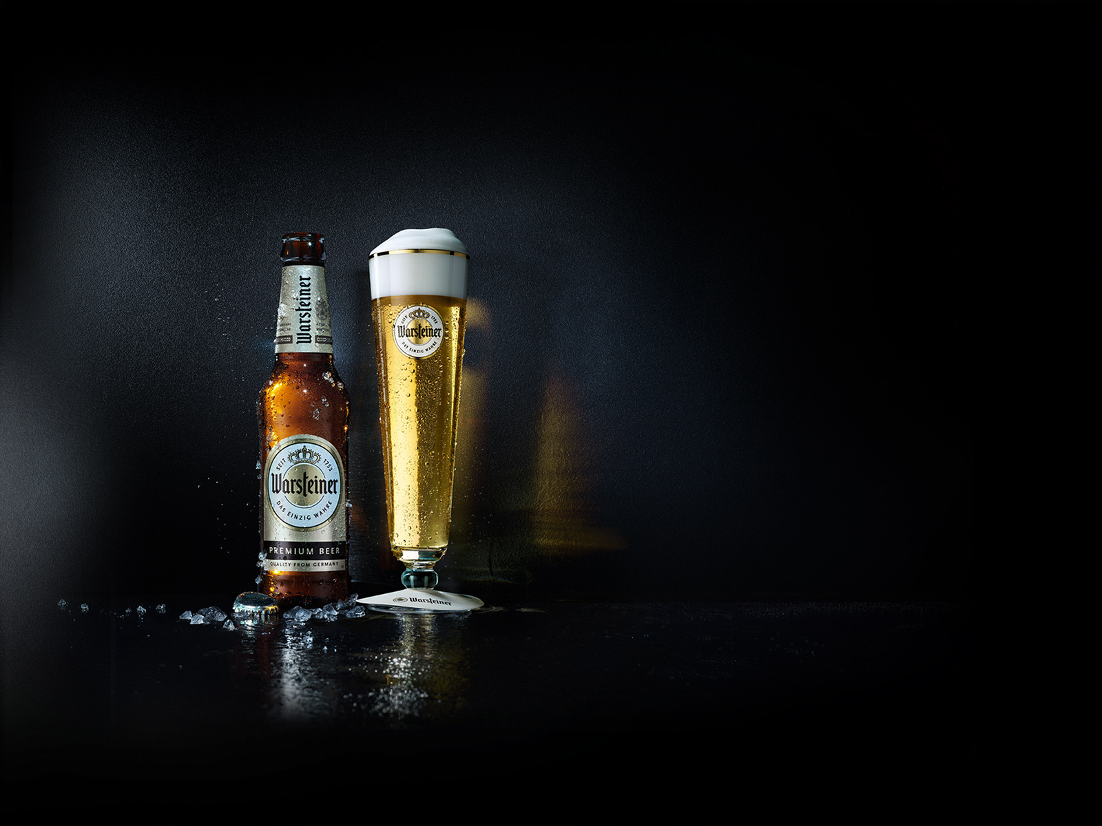 Bicchiere Tulpe pieno di birra tedesca Warsteiner Premium Pils bottiglia di birra